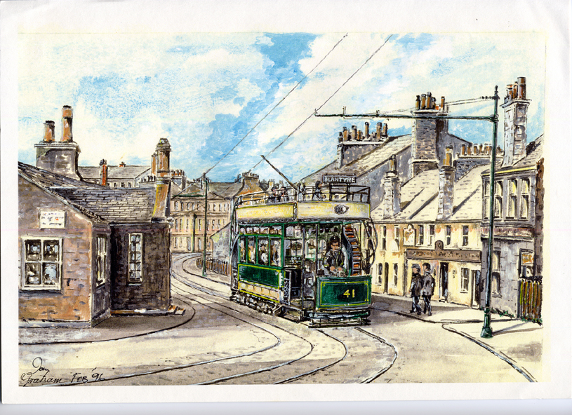 Ian Graham's sketch of a Lanarkshire Tram passing the Toll House - Drawn in Feb 1996